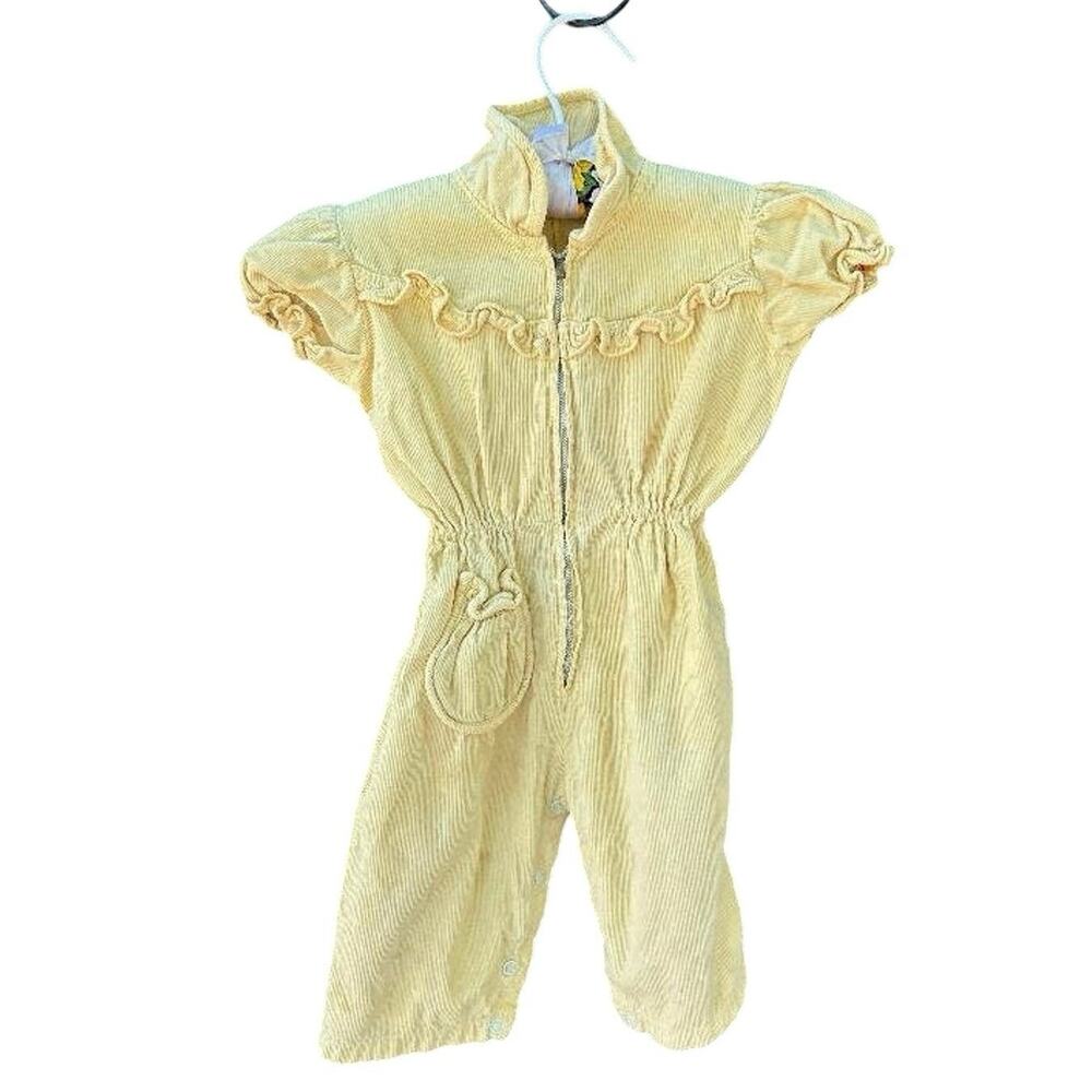 Vtg Infant Yellow Corduroy  Jumpsuit 18-24 months Zip up Ruffled Trim 70’s/80’s